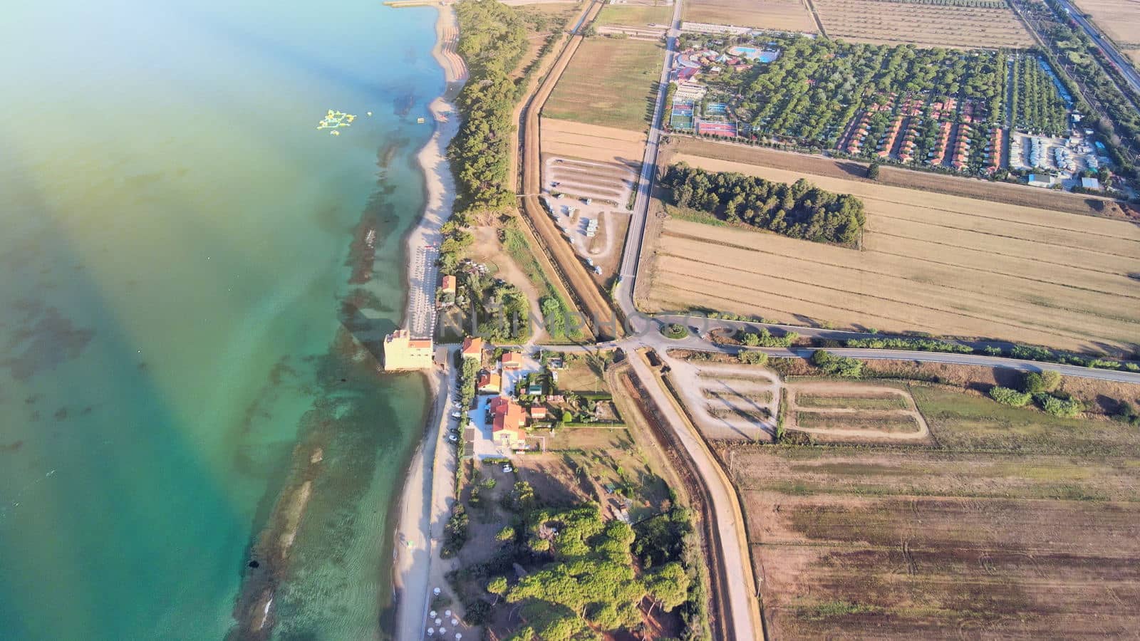 Amazing aerial view of Tuscany coastline in summer season, Italy.