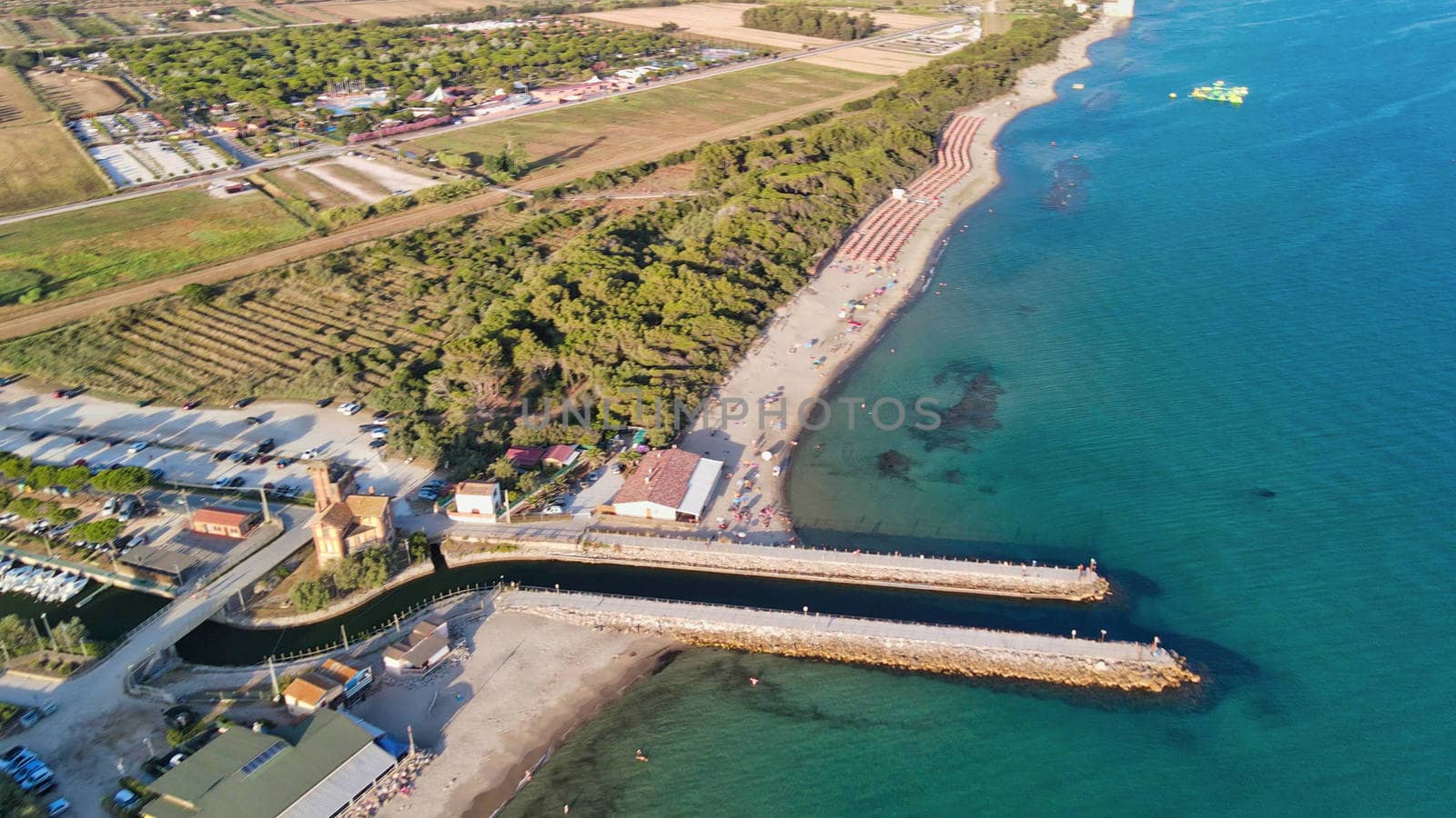 Amazing aerial view of Tuscany coastline, Italy from the drone.