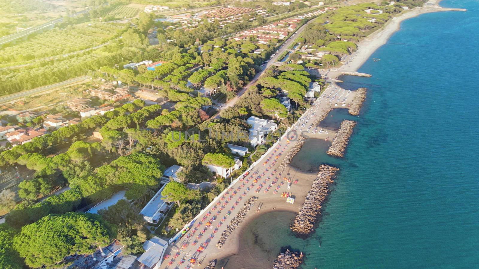 Amazing aerial view of Tuscany coastline, Italy from the drone.