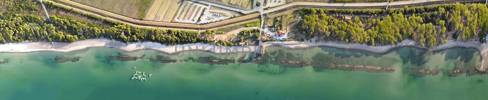 Amazing aerial view of Tuscany coastline, Italy from the drone.