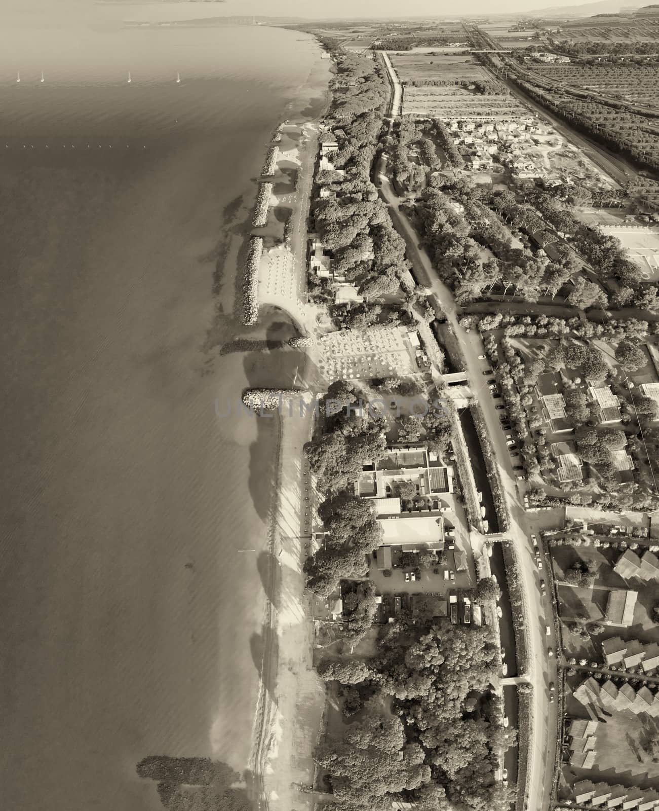 Overhead aerial view of coastline, ocean and beach, panoramic view