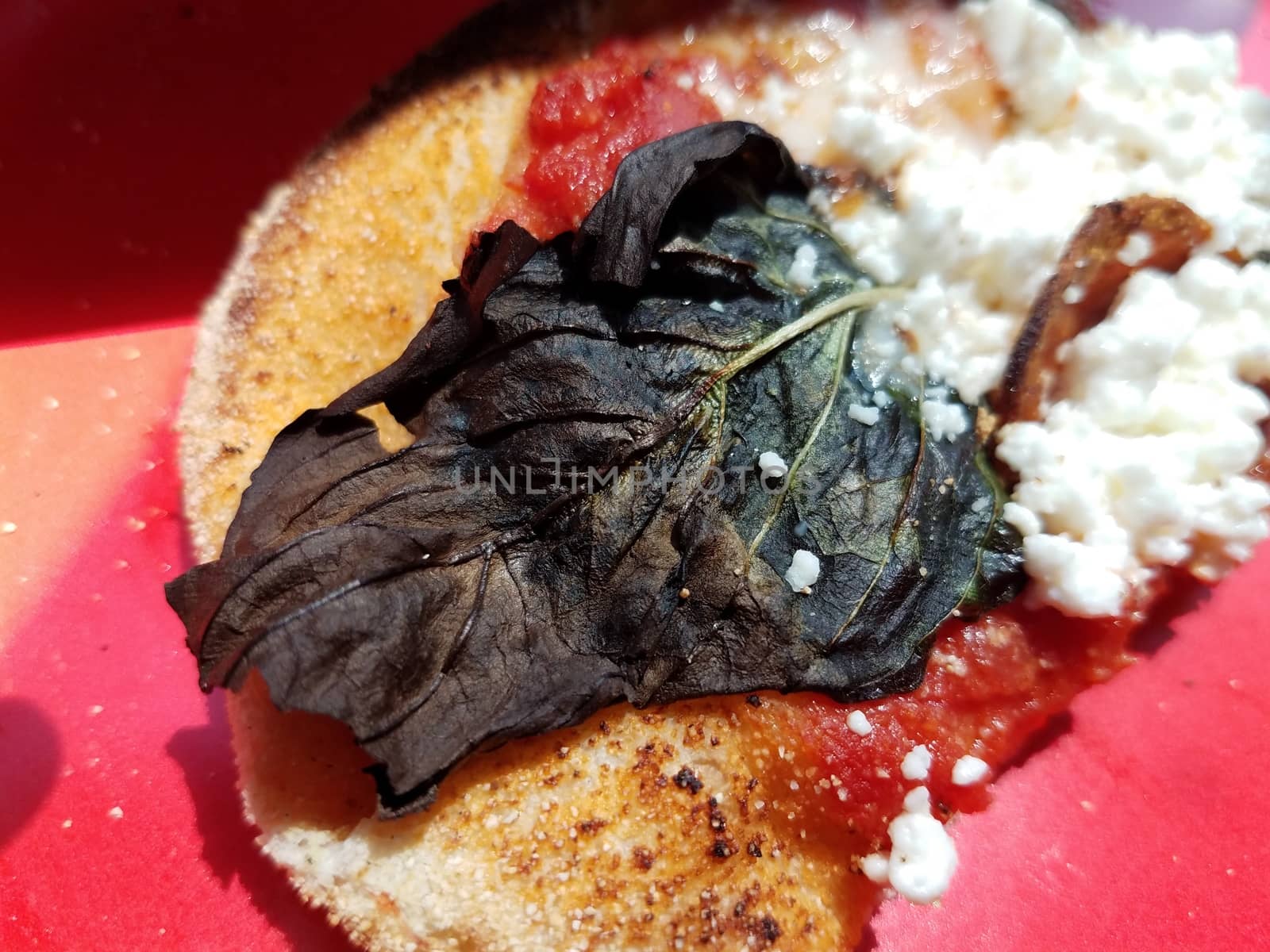 basil leaf and goat cheese on slice of pizza on red plate