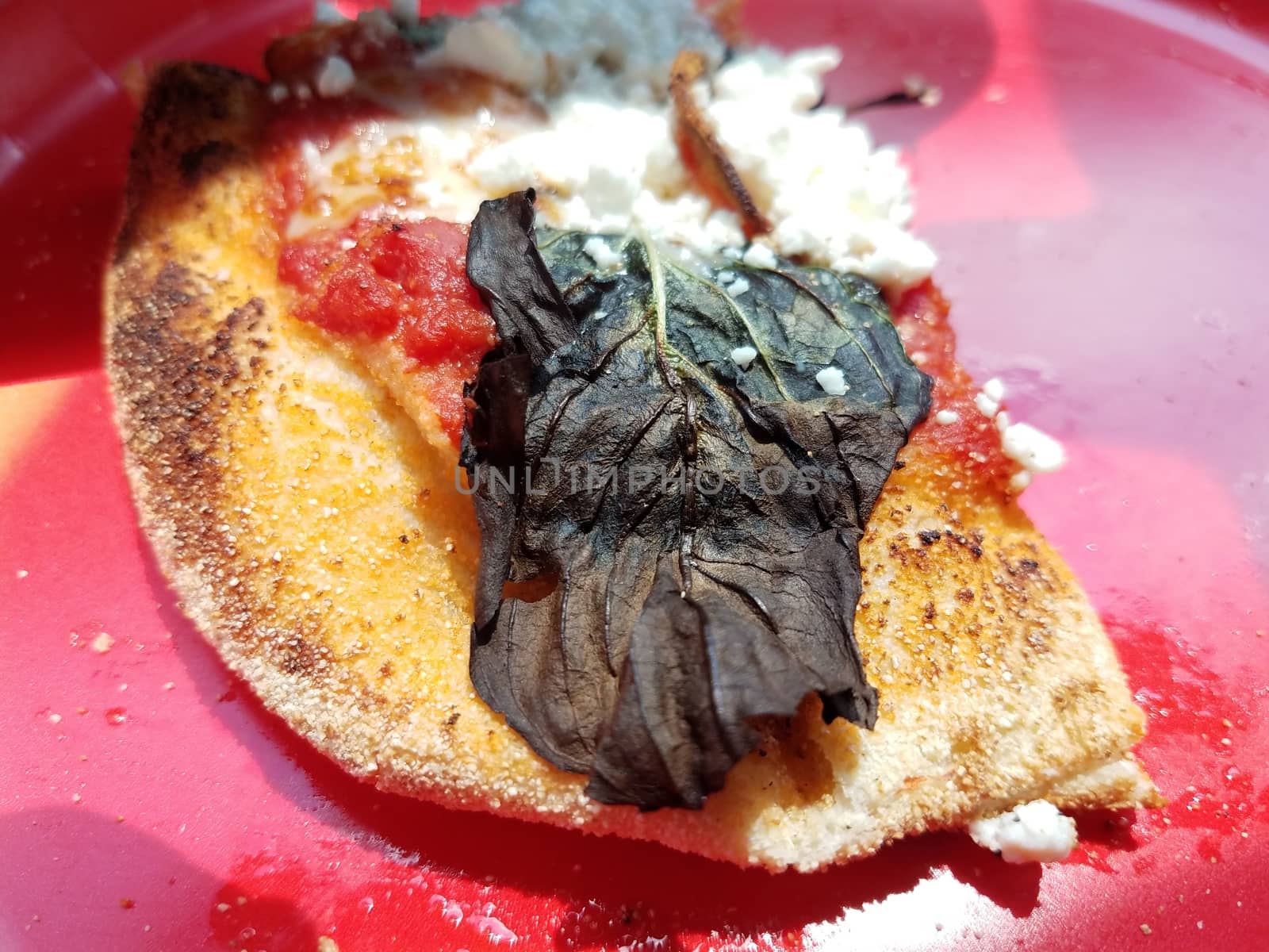 basil leaf and goat cheese on slice of pizza on red plate