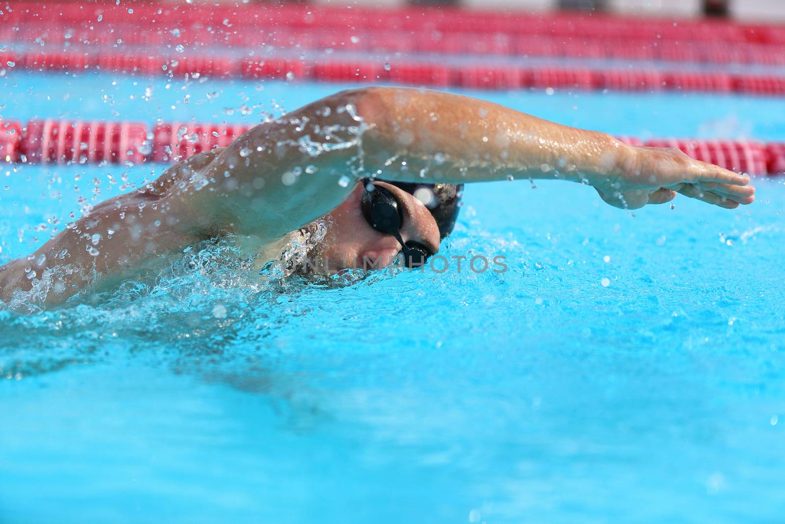 Swimming pool sport man doing crawl swim. Male swimmer with goggles and cap training in stadium for exercise. Cardio workout by Maridav