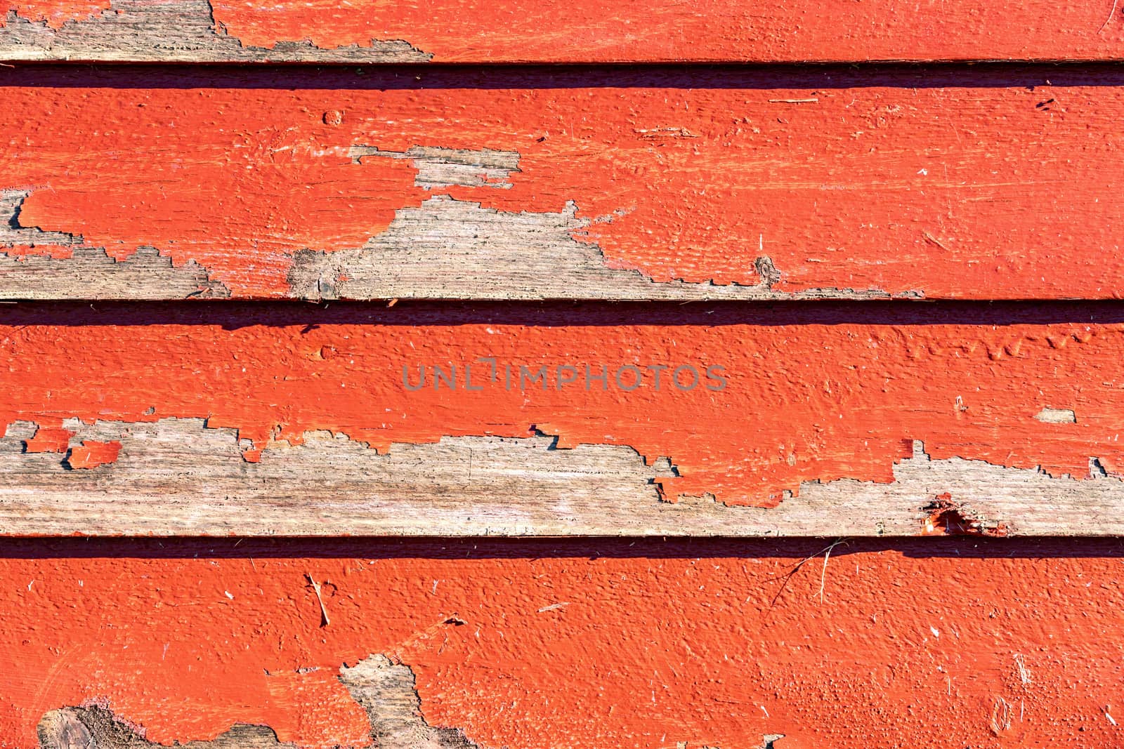 Close up view at part of typical small red colored guest house with white window at Swedish country side needs immediate renovation - old paint flake off, boards starting to be rotten