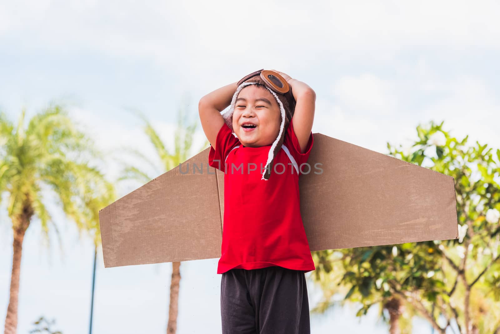 Happy Asian funny child or kid little boy smile wear pilot hat and goggles play toy cardboard airplane wing flying against summer sky cloud on trees garden background, Startup freedom concept