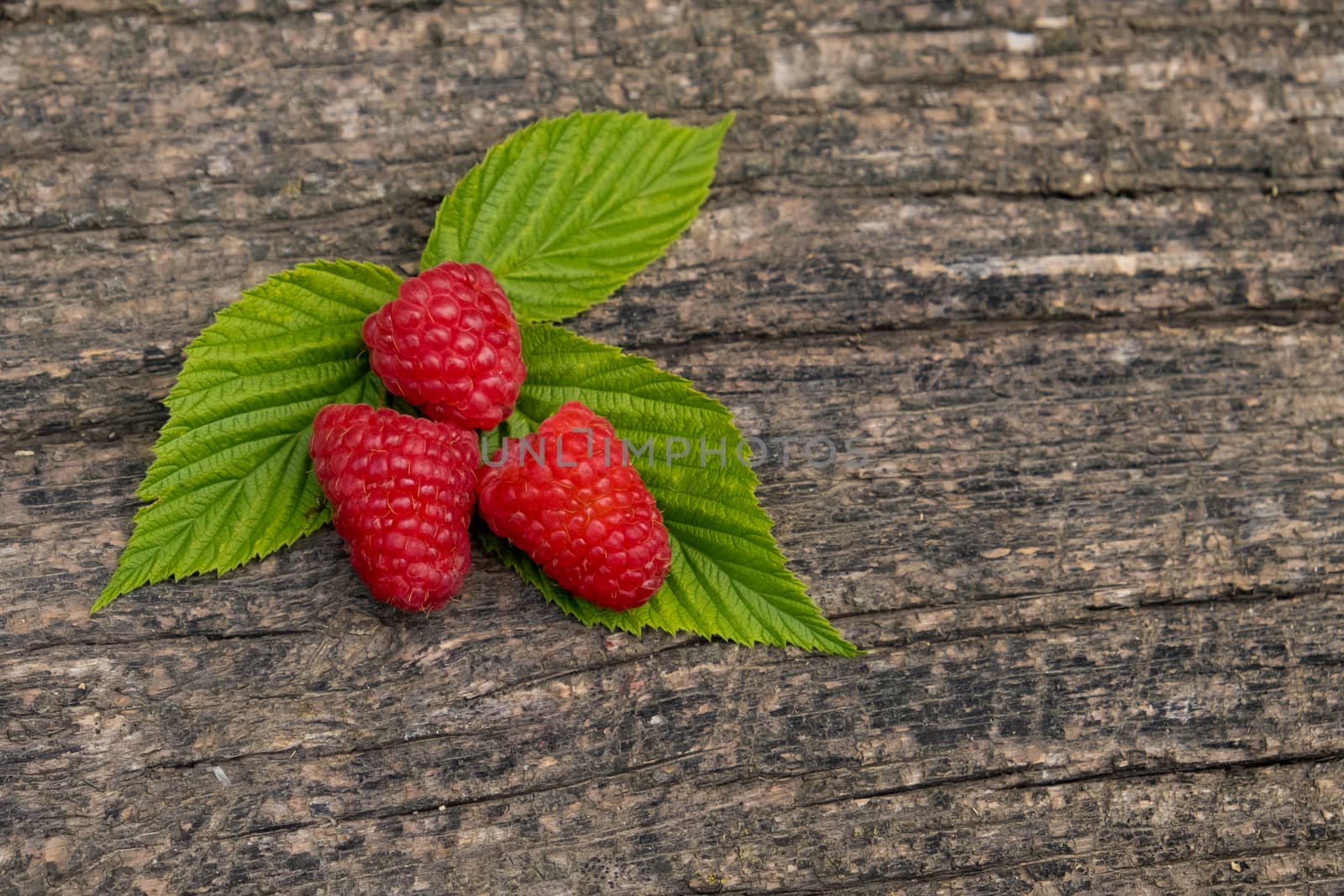 Ripe aromatic raspberries on a wooden background with copyspace.