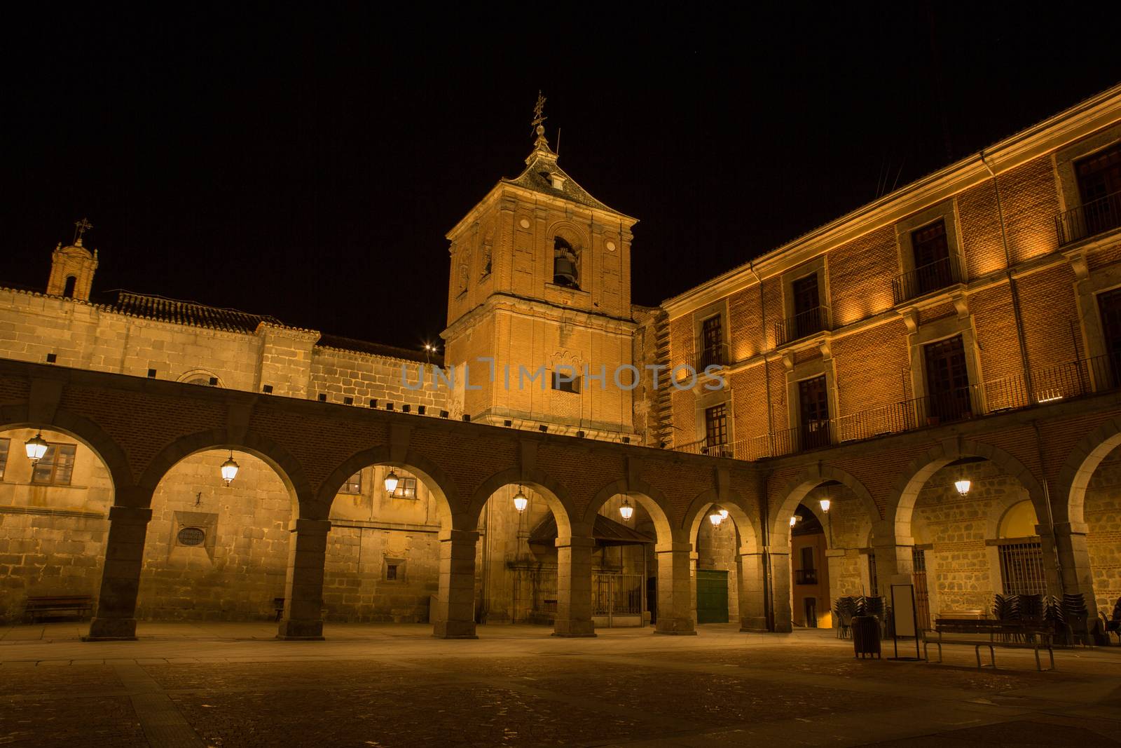 Avila Town Hall square at night, called Mercado Chico. World Heritage site by UNESCO. Avila, Spain