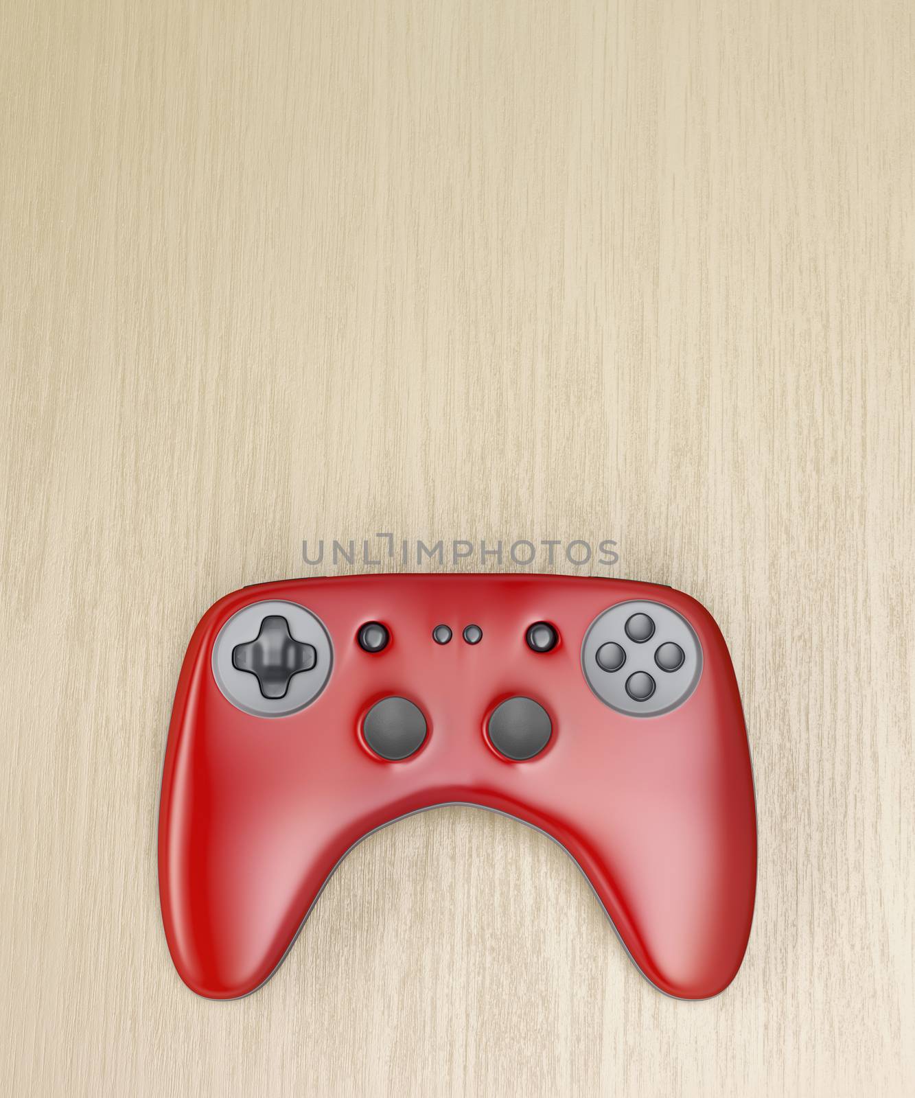 Red wireless gamepad on wooden desk, top view