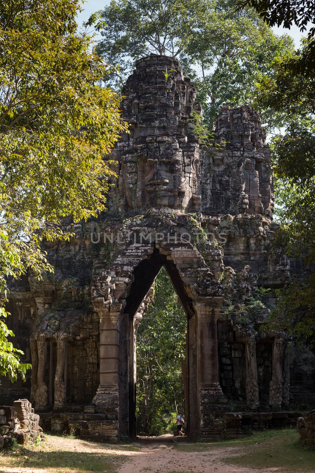 The temple complex of Angkor Watt, Cambodia, with the famous temples of Angkor, Ta Prohm and Bayon. Ancient beautiful carved structures and gateways. High quality photo