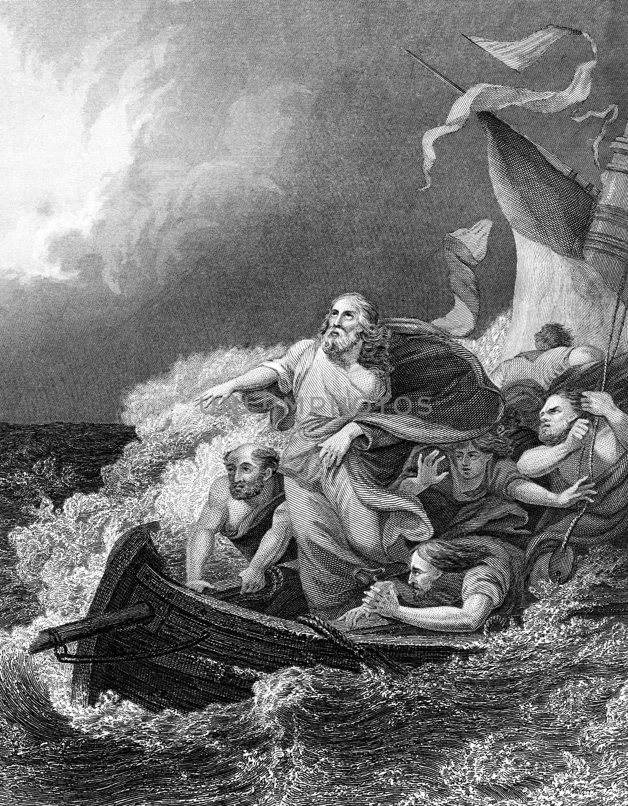 An engraved vintage New Testament illustration image of Jesus Christ calming the storm from a Bible dated 1852 that is no longer in copyright stock image