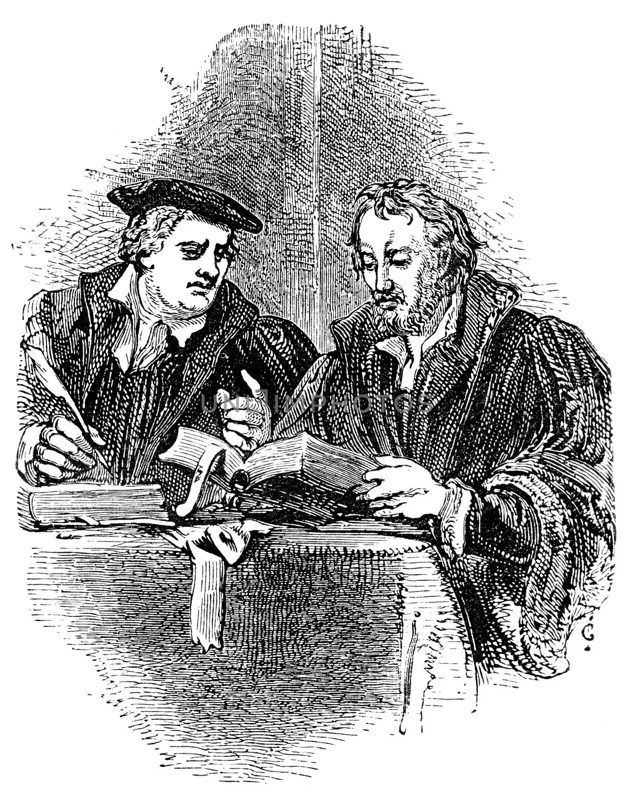 An engraved vintage portrait illustration of Martin Luther and Philip Melancthon leading figures of the Protestant Reformation, from a Victorian book dated 1877 that is no longer in copyright stock image
