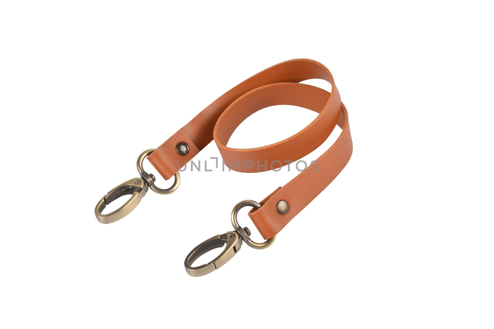 beige pink leather belt with carbine and metal accessories isolated on white background. use for bags and suitcases