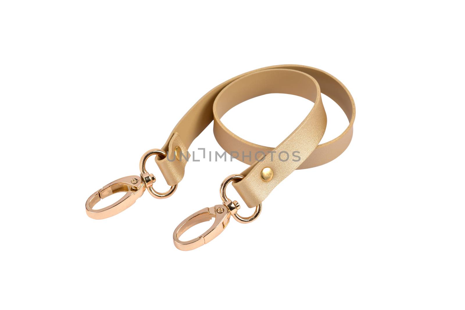 gold leather belt with carbine and metal accessories isolated on white background. use for bags and suitcases
