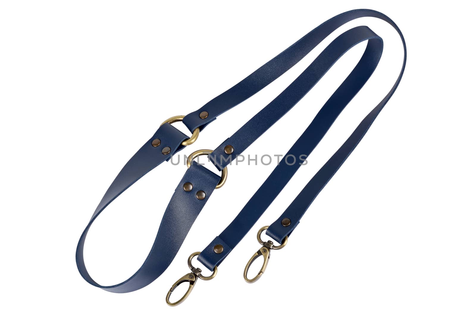 blue leather belt with carbine and metal accessories isolated on white background. use for bags and suitcases