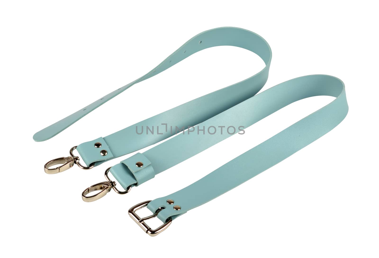 blue leather belt with carbine and metal accessories isolated on white background. use for bags and suitcases