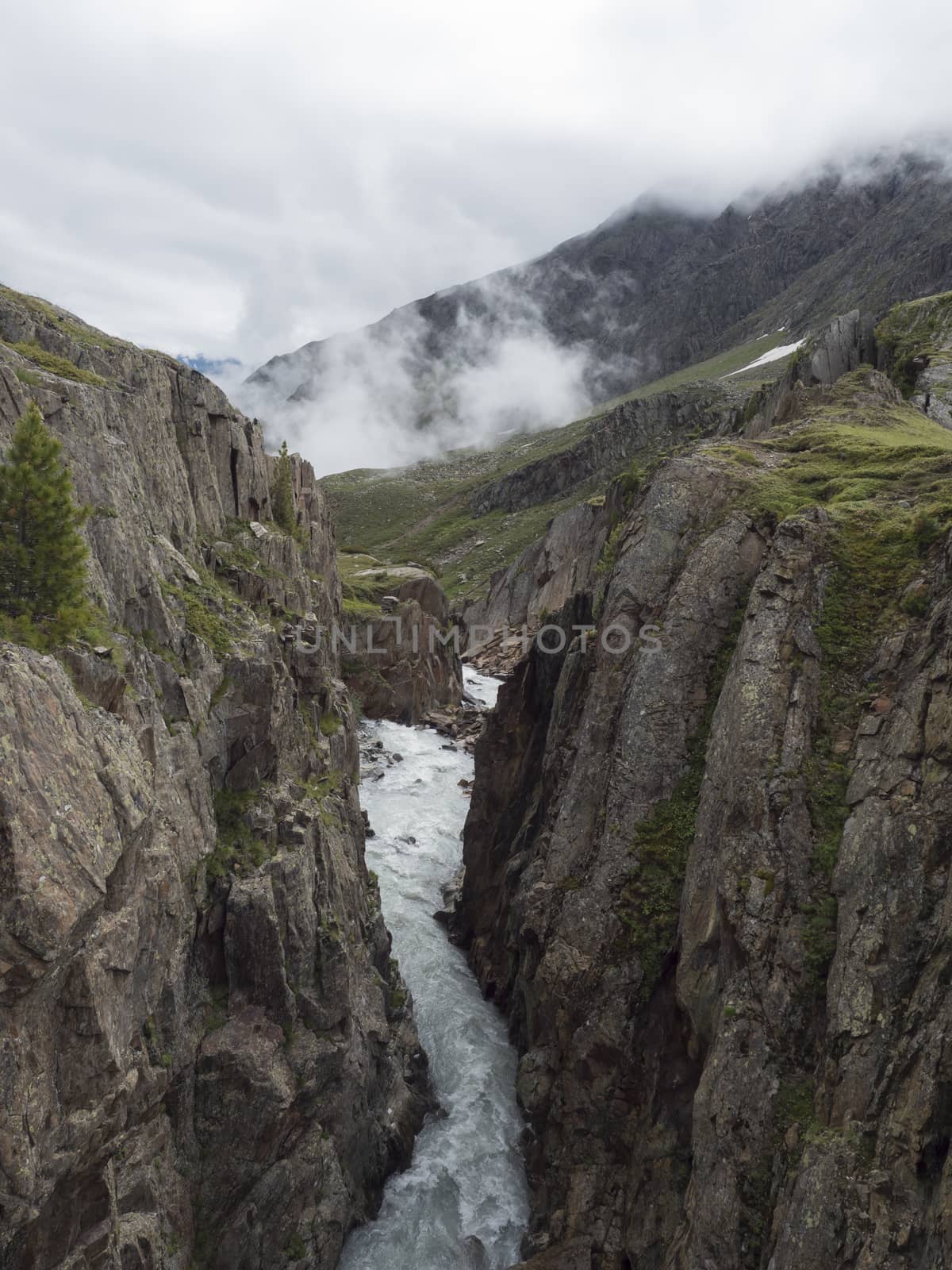 View from footbridge over the wild Fernaubach mountain stream in Tyrol, Austria close to Mittelstation at Stubai. Summer foggy morning. by Henkeova