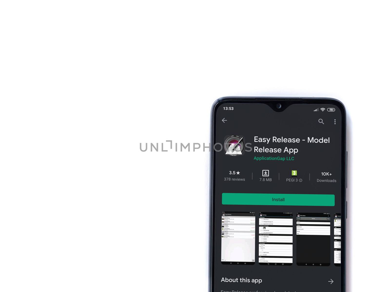 Lod, Israel - July 8, 2020: Easy Release Pro - Model Release app play store page on the display of a black mobile smartphone isolated on white background. Top view flat lay with copy space. 