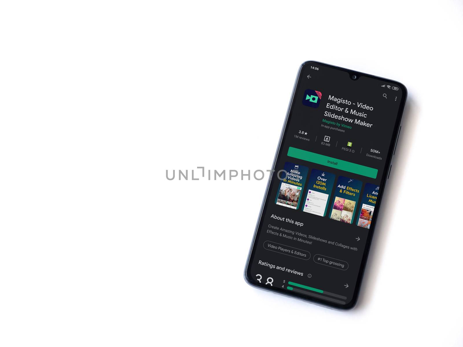 Lod, Israel - July 8, 2020: Magisto - Video Editor & Movie Maker app play store page on the display of a black mobile smartphone isolated on white background. Top view flat lay with copy space.
