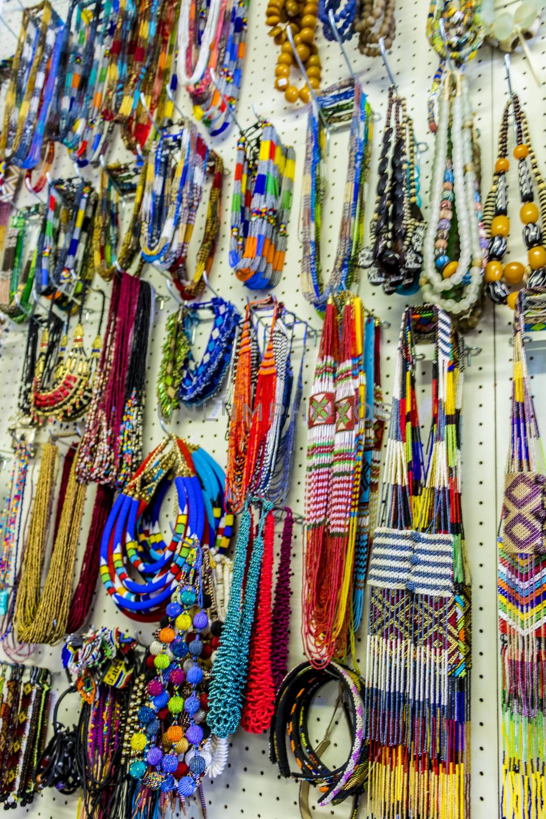 Colorful African bracelets, necklaces and jewelry in Bo-Kaap Cape Town.