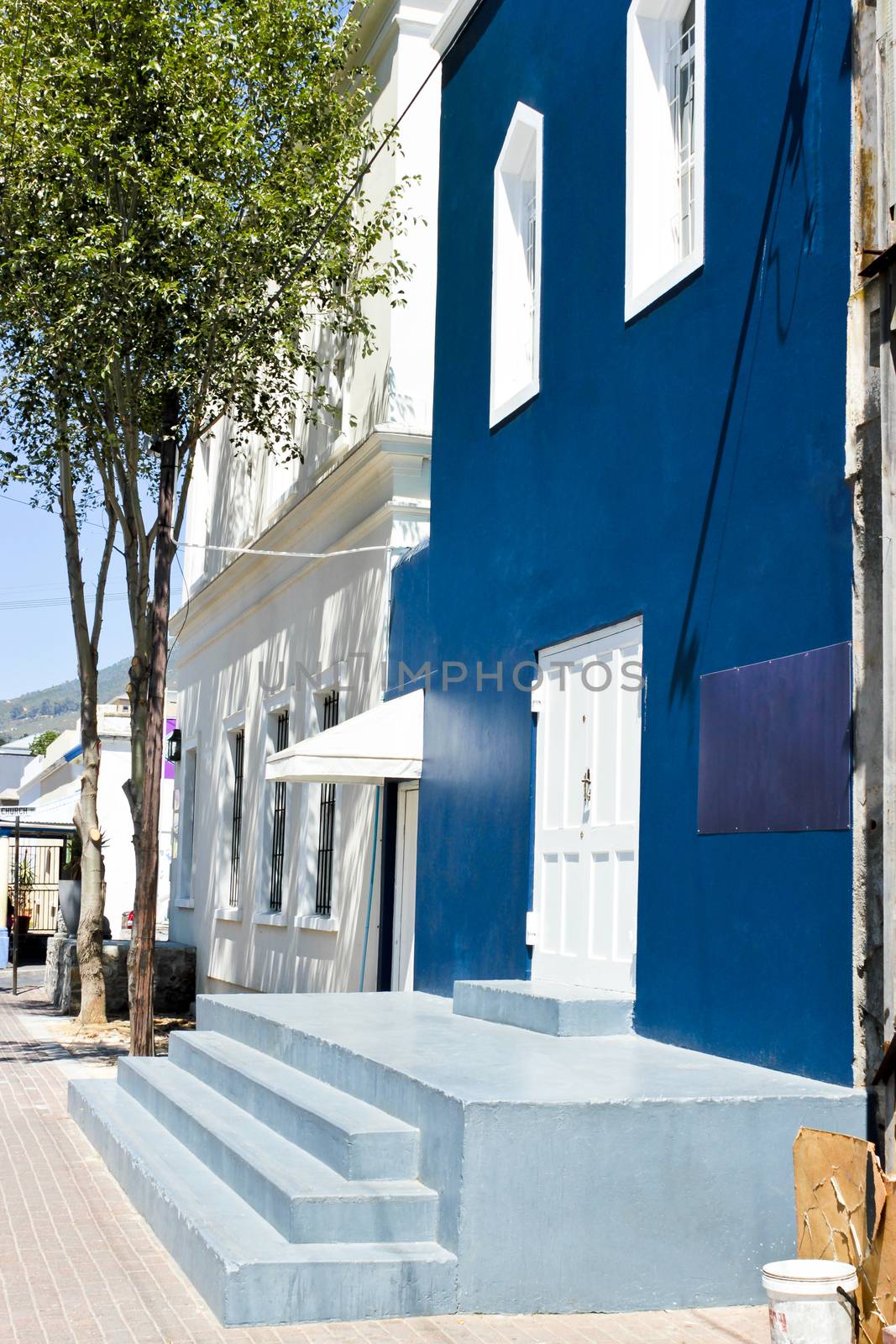 Blue colorful houses in the Bo Kaap district in Cape Town, South Africa.