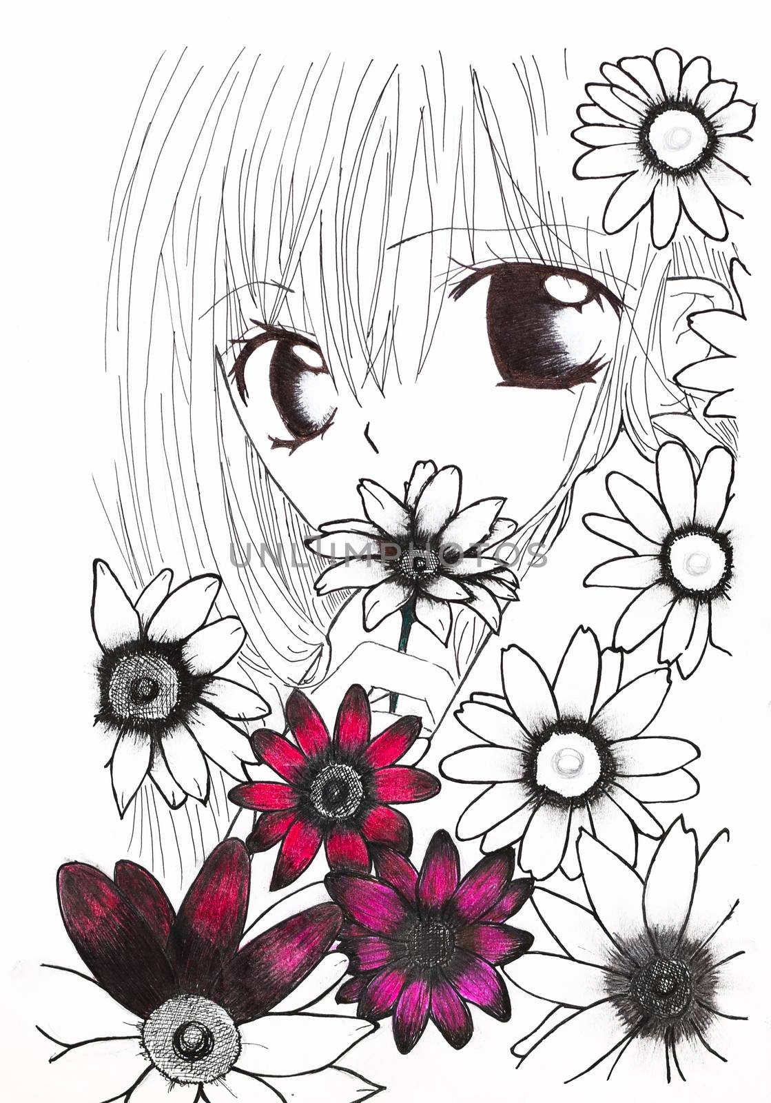 Drawing in the style of anime. Picture of a girl in the flowers in the picture in the style of Japanese anime by eleonimages