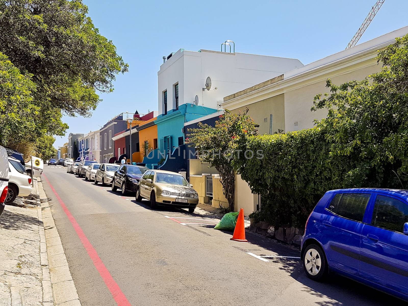 Many colorful houses in the Bo Kaap district in Cape Town, South Africa.