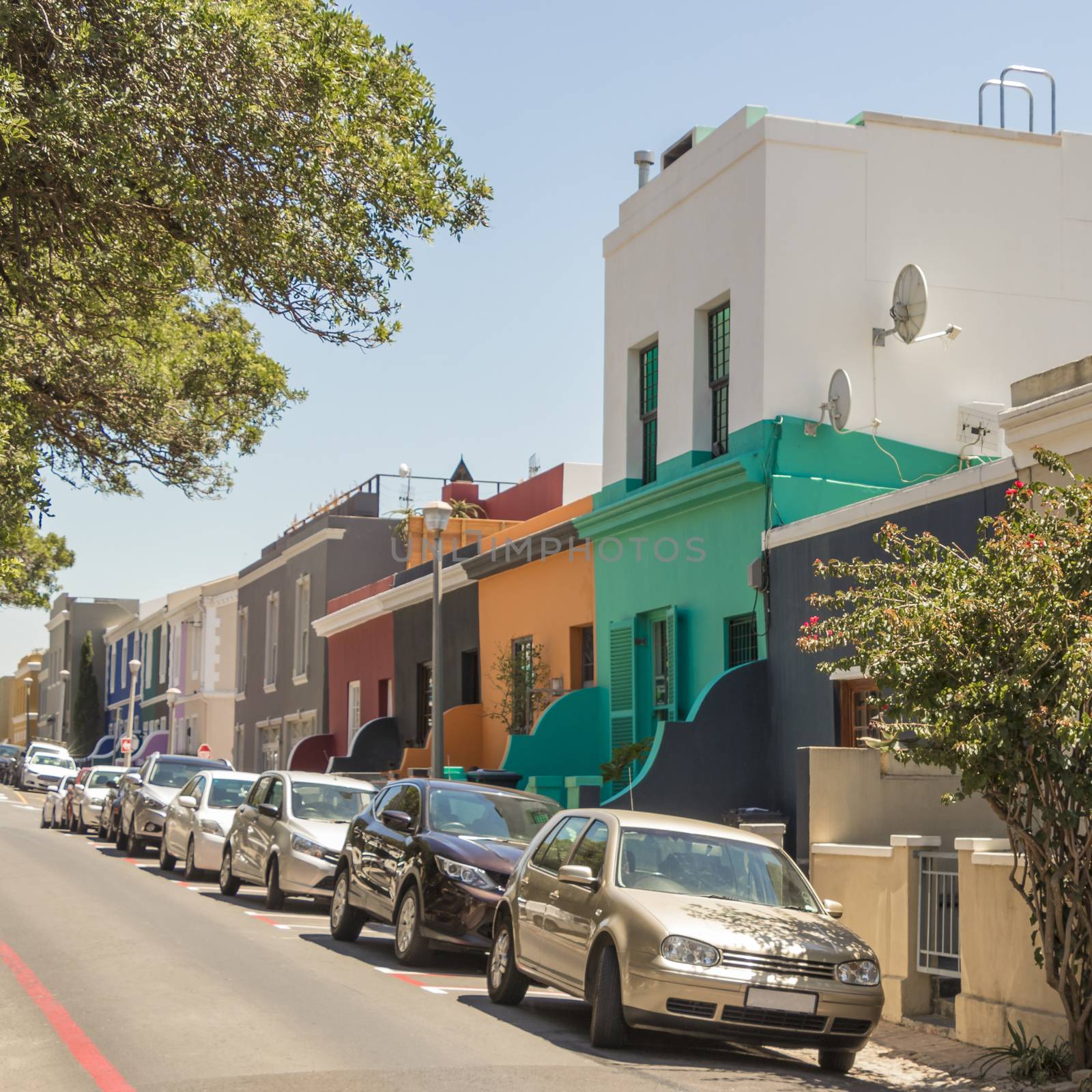 Many colorful houses in the Bo Kaap district in Cape Town, South Africa.