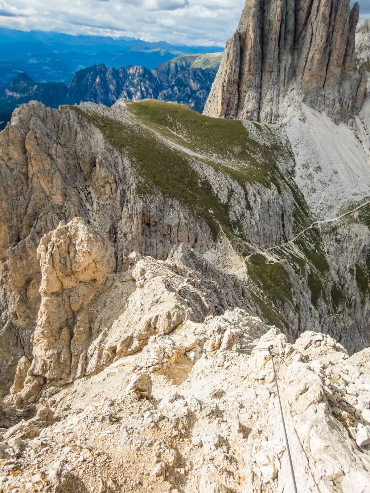 Climbing on the Rotwand and Masare via ferrata in the rose garden in the Dolomites, South Tyrol, Italy