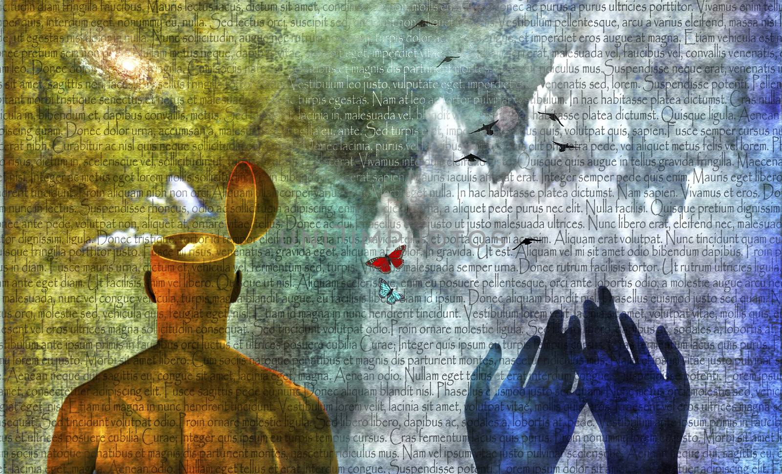Symbolic composition. Man with open head, butterflies, praying hands. Latin text background