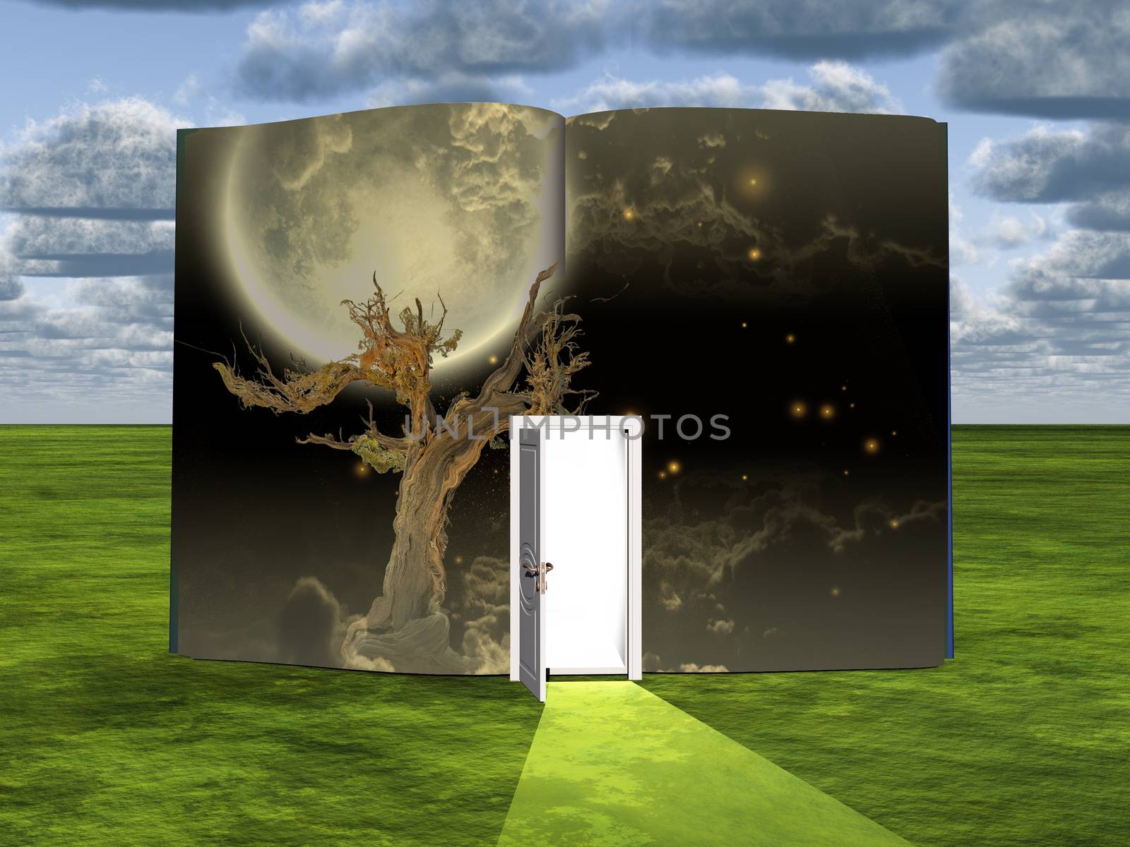 Surrealism. Book with opened door, old tree and full moon.