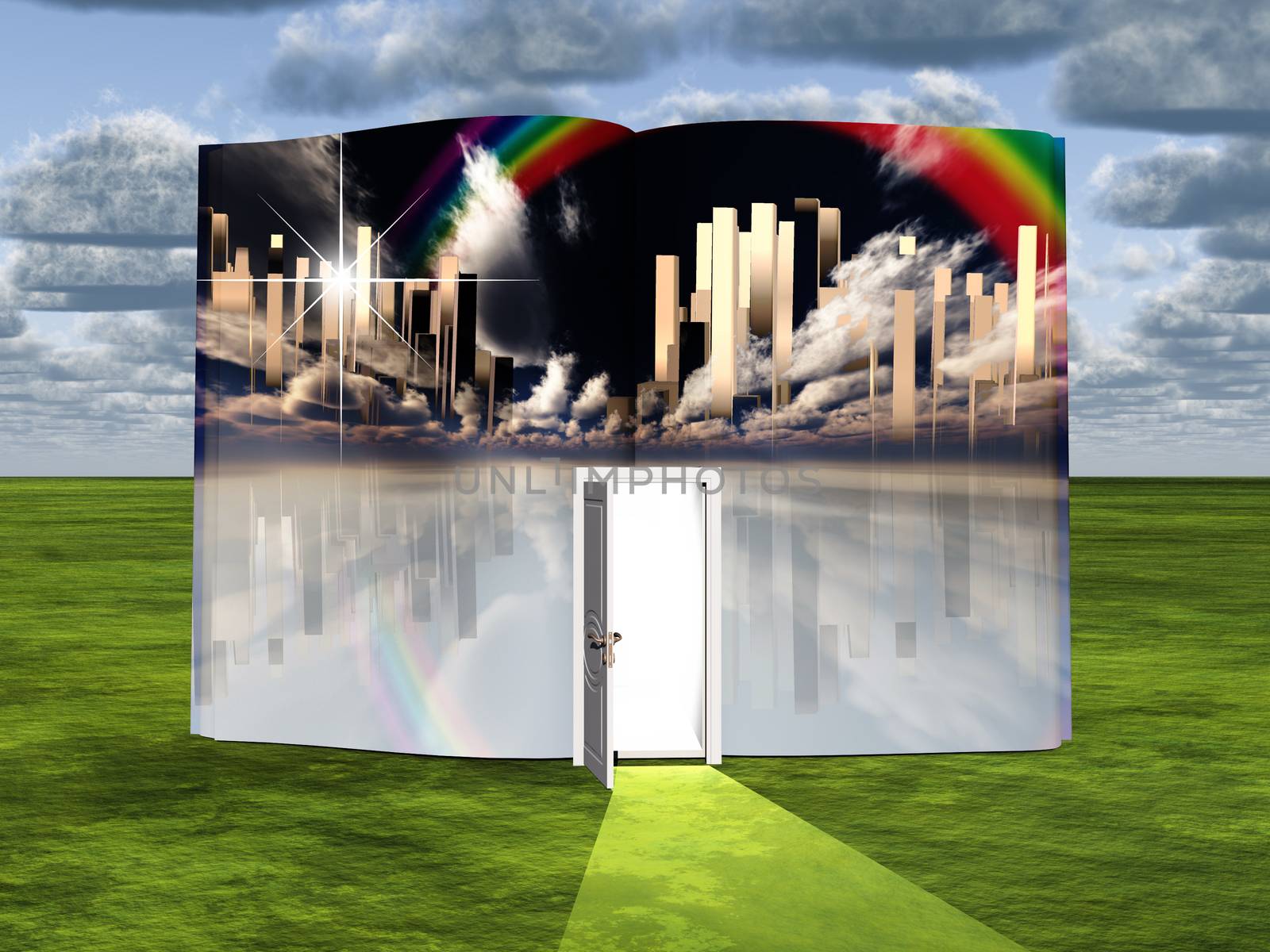 Surrealism. Book with opened door and rainbow over city of future.