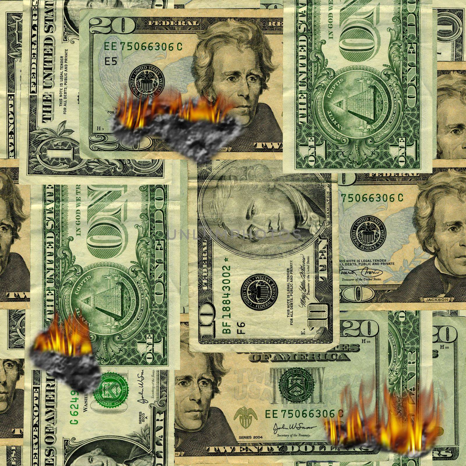 Burning US dollars bills pattern