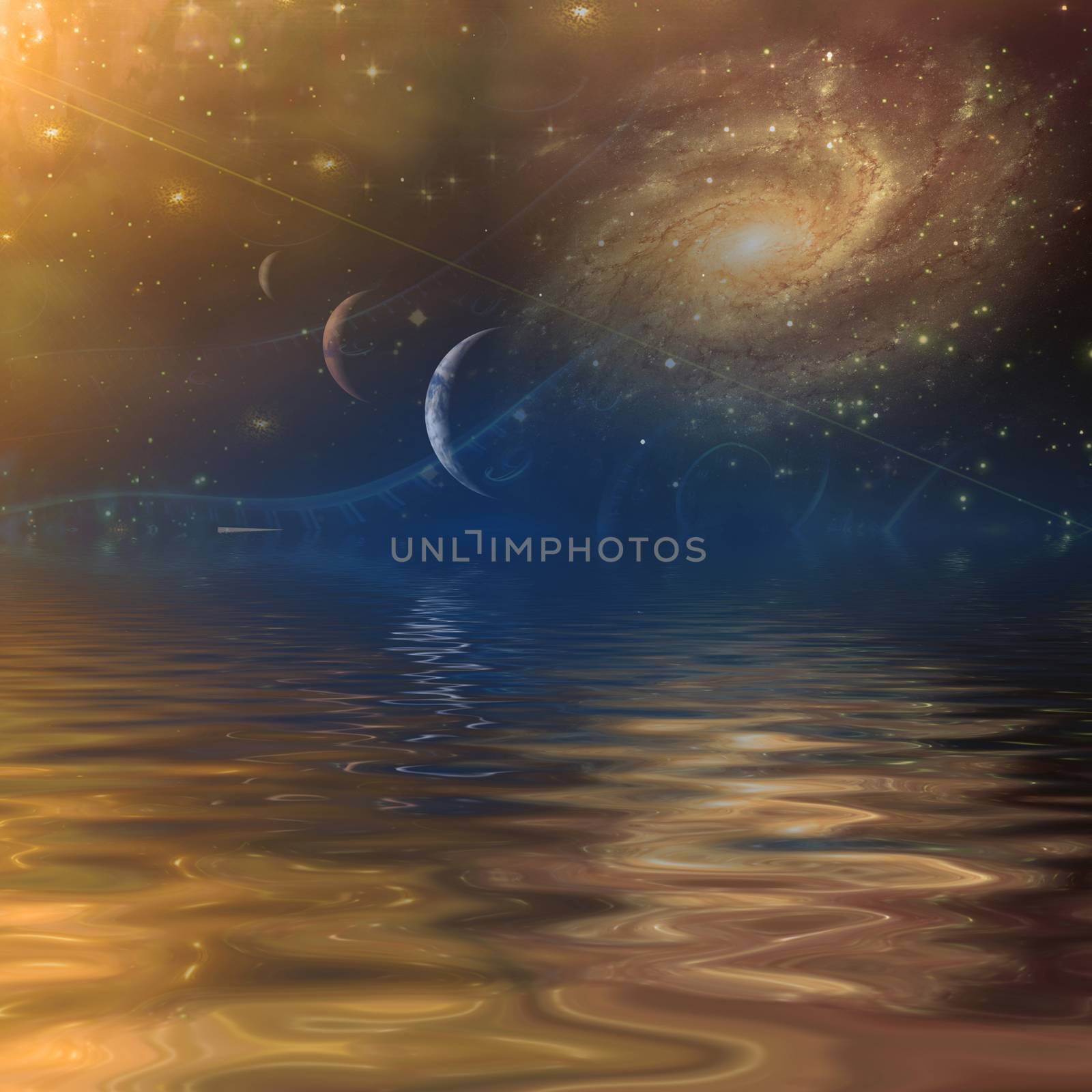 Surreal digital art. Parade of planets and spirals of time. Water surface and vivid galaxy.