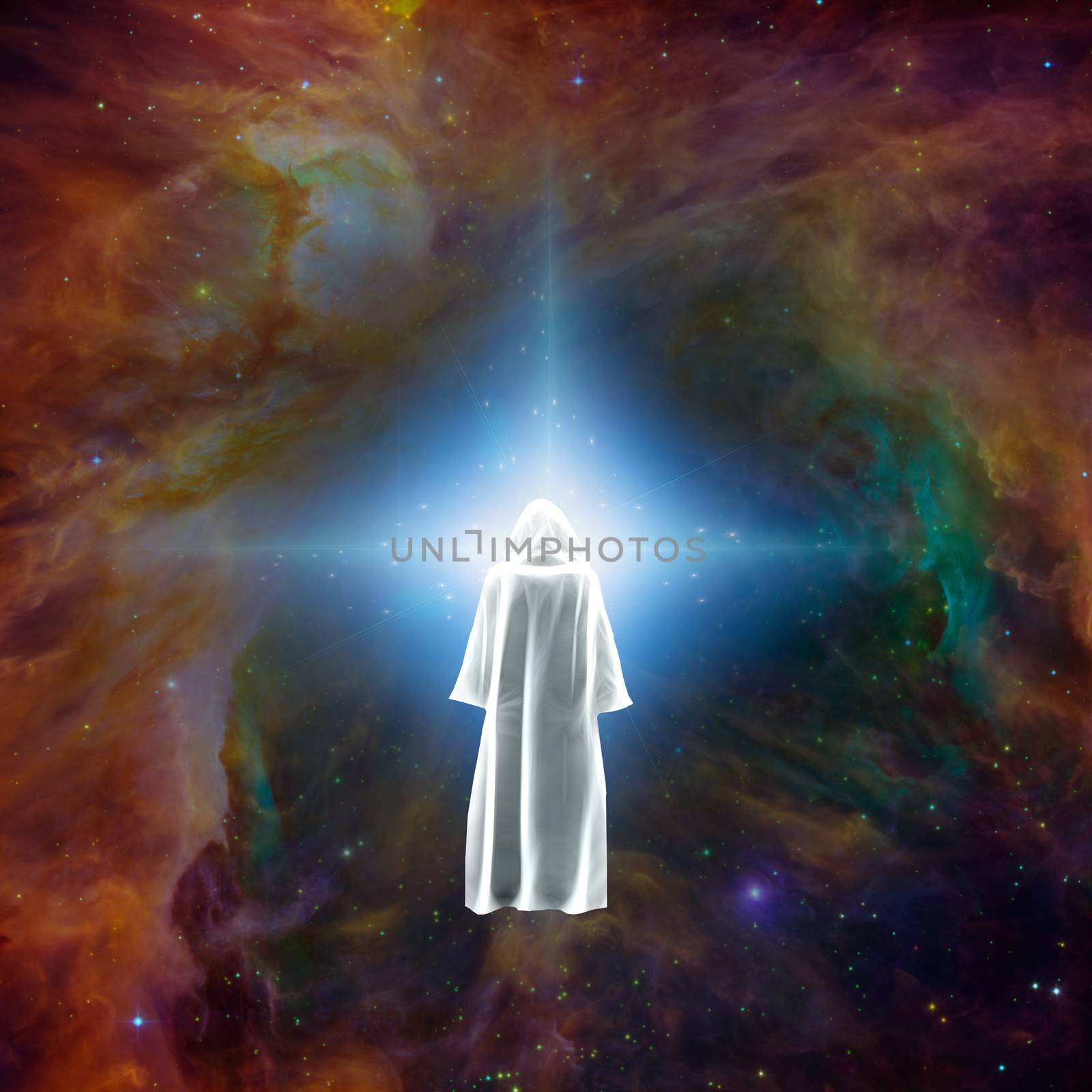 Surreal digital art. Figure of man in white cloak stands before bright star.