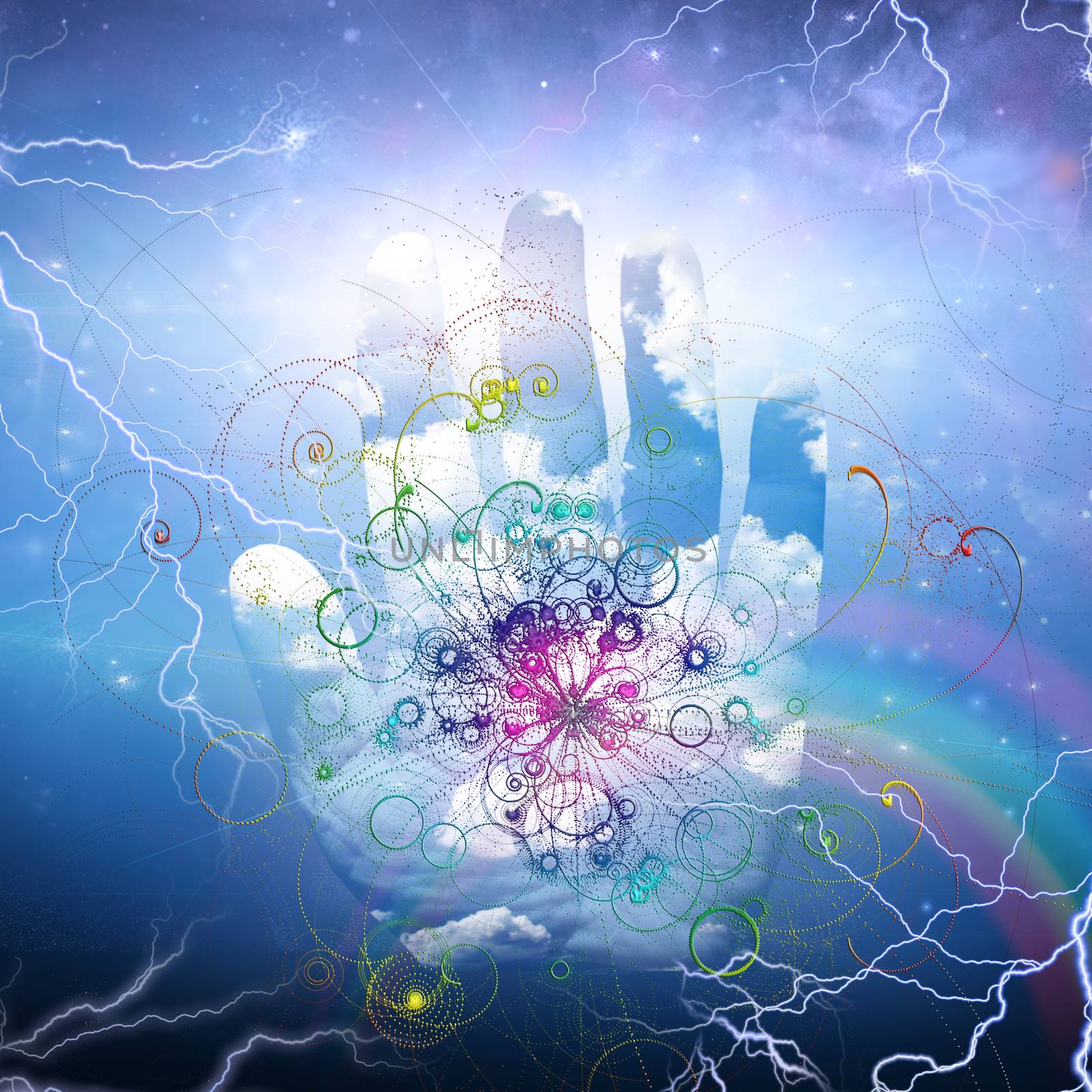 Open hand and particle design. Rainbow and lightnings