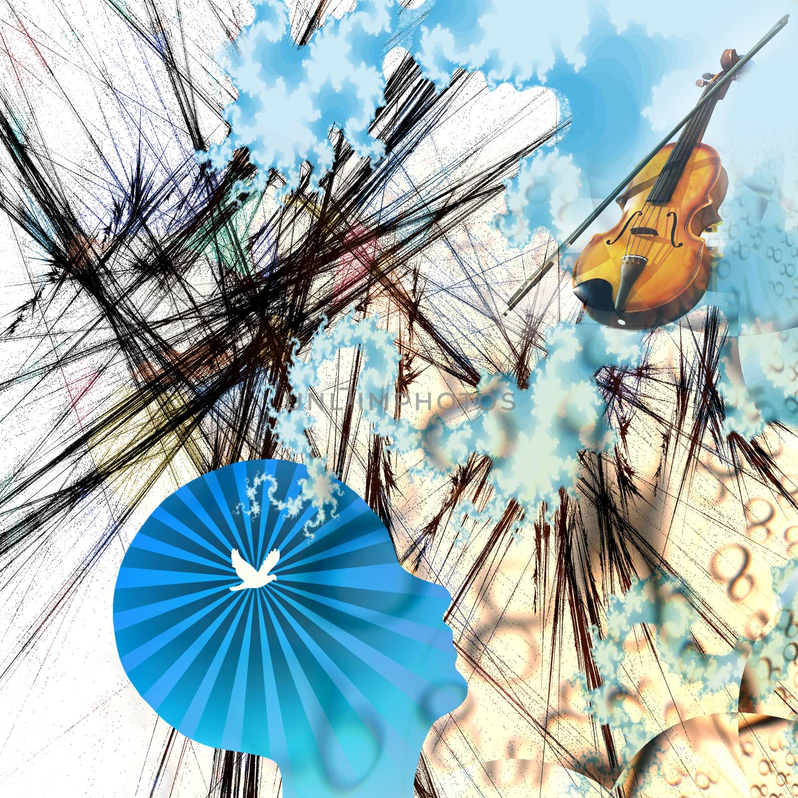 Abstract composition. Violin abd bow in the sky. Silhouette of human head with bird inside