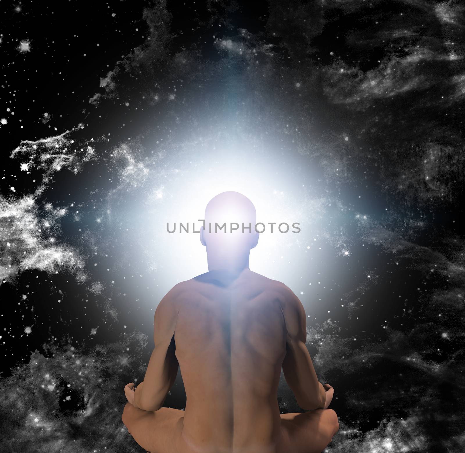 Surrealism. Naked man in lotus pose sits before endless universe.