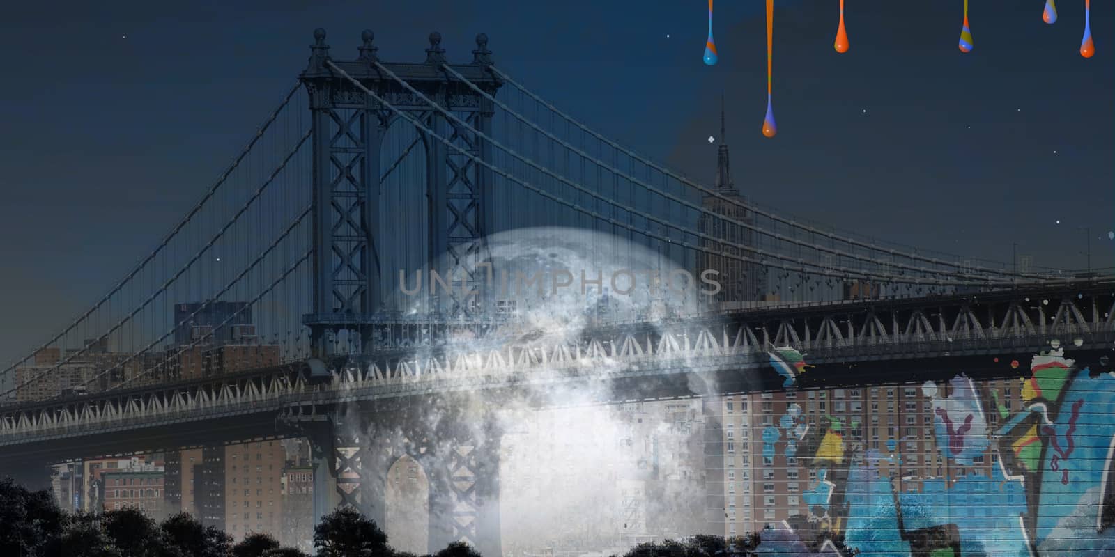 Modern art. Manhattan bridge. Giant moon at the horizon.