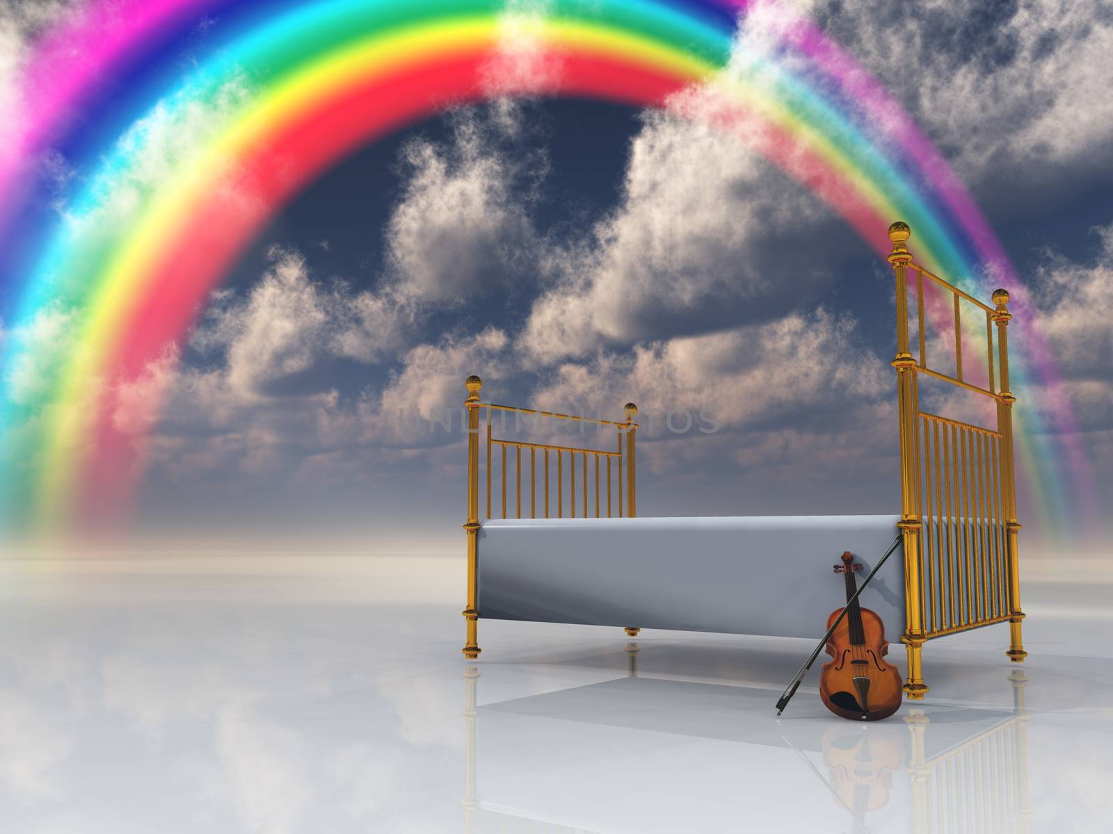 Bed with violin and rainbow in surreal scene