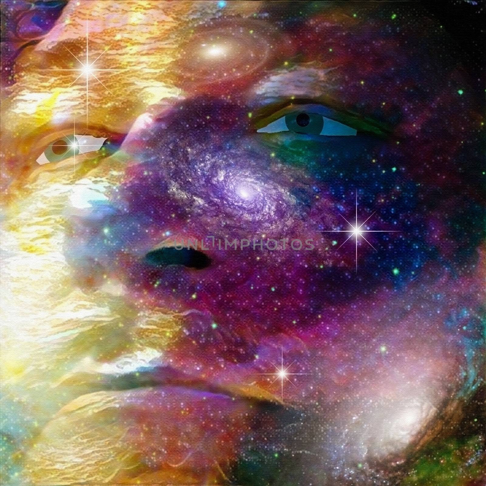 Surrealism. Man's face on deep space background.