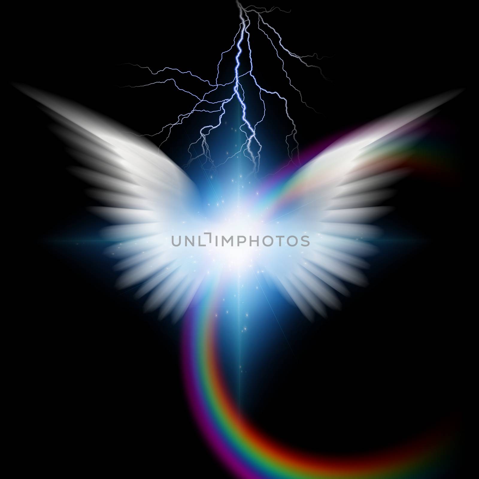 Surreal digital art. Bright star with white angel's wings. Rainbow and lightning.