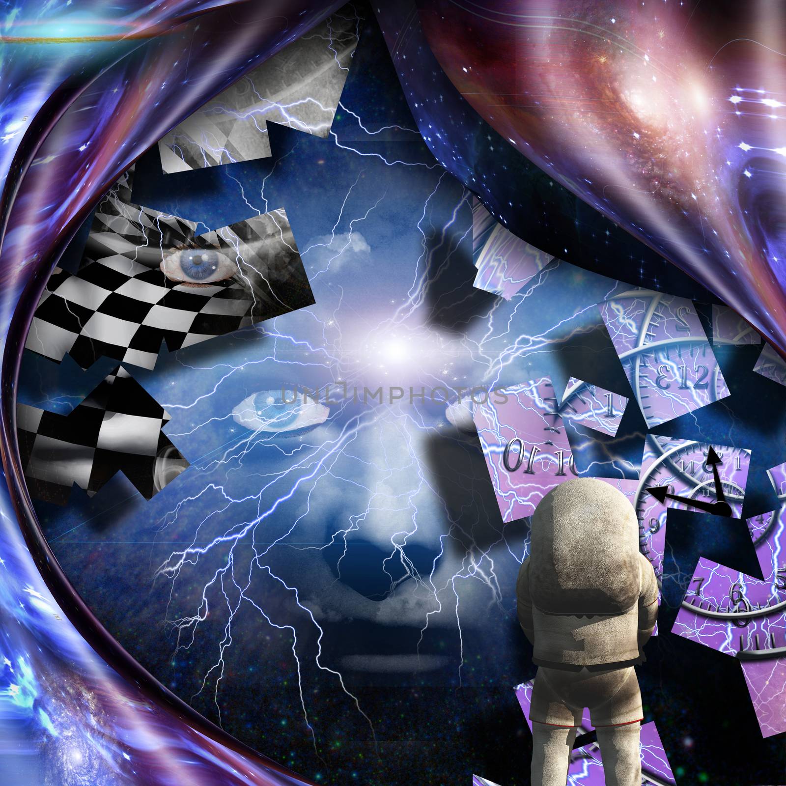 Surrealism. Spirals of time and warped space. Astronaut. Woman's face with lightnings in deep space.