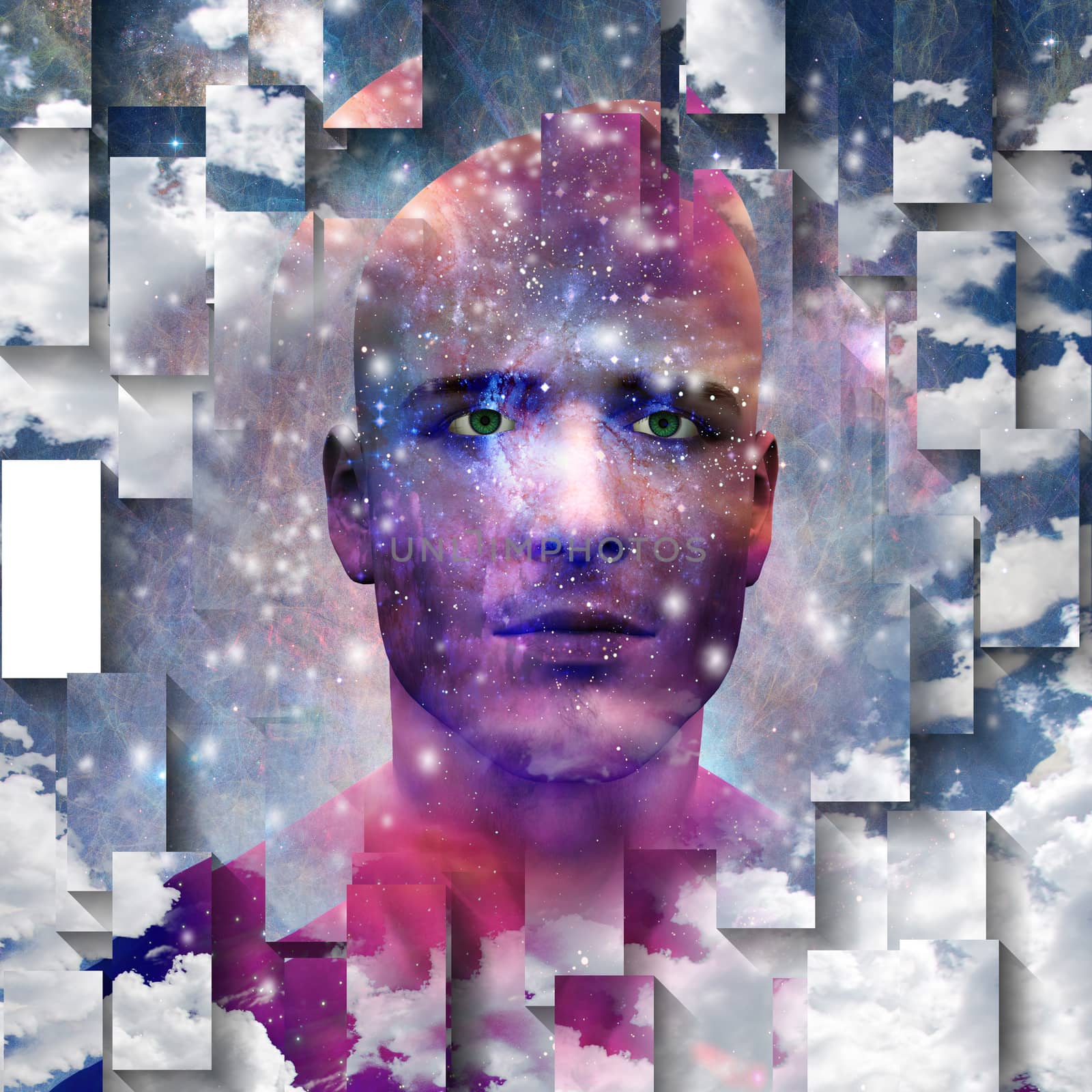 Surreal digital art. Mans head with stars and clouds. Abstract background.