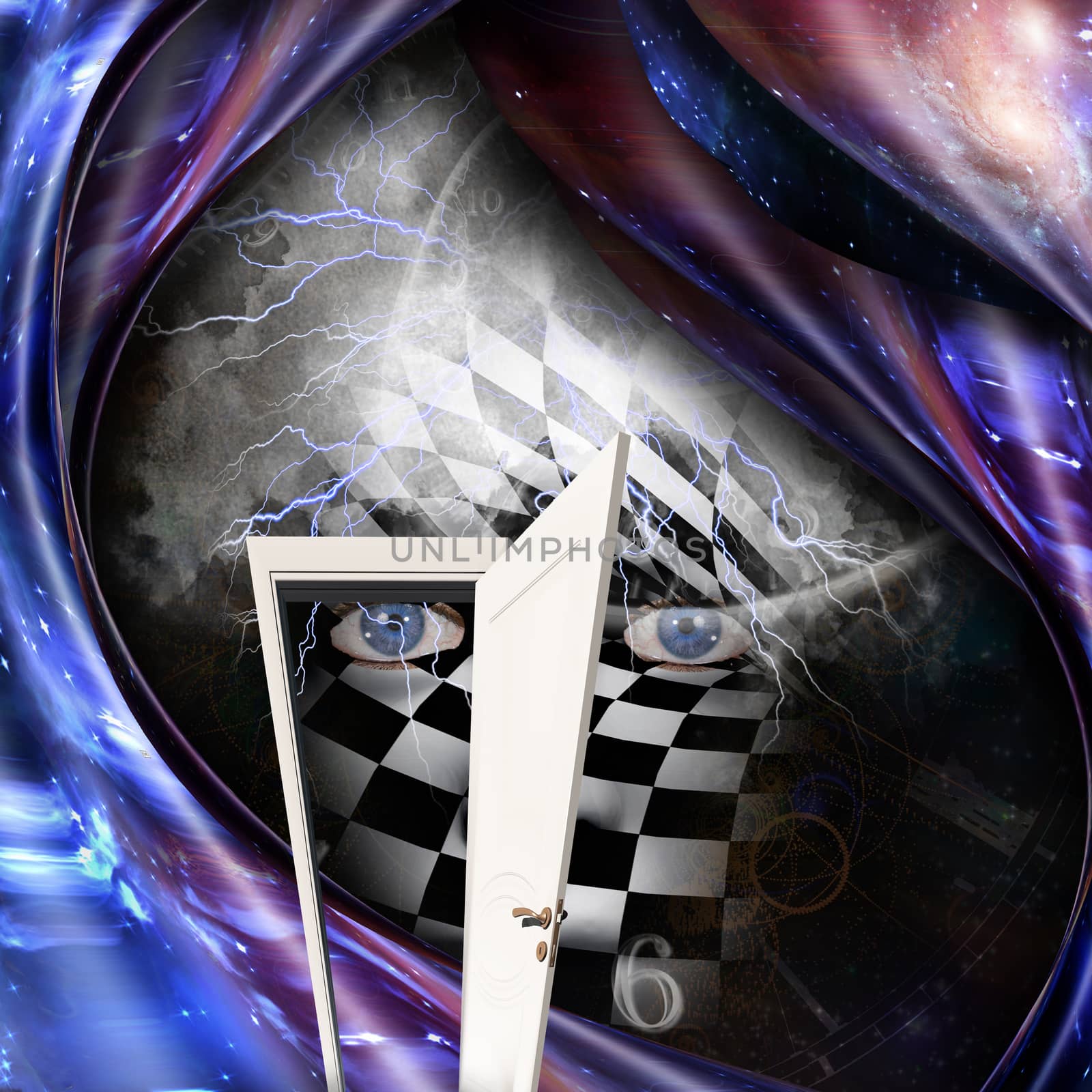 Abstract painting. Chessboard face, time spirals and open door. 3D rendering