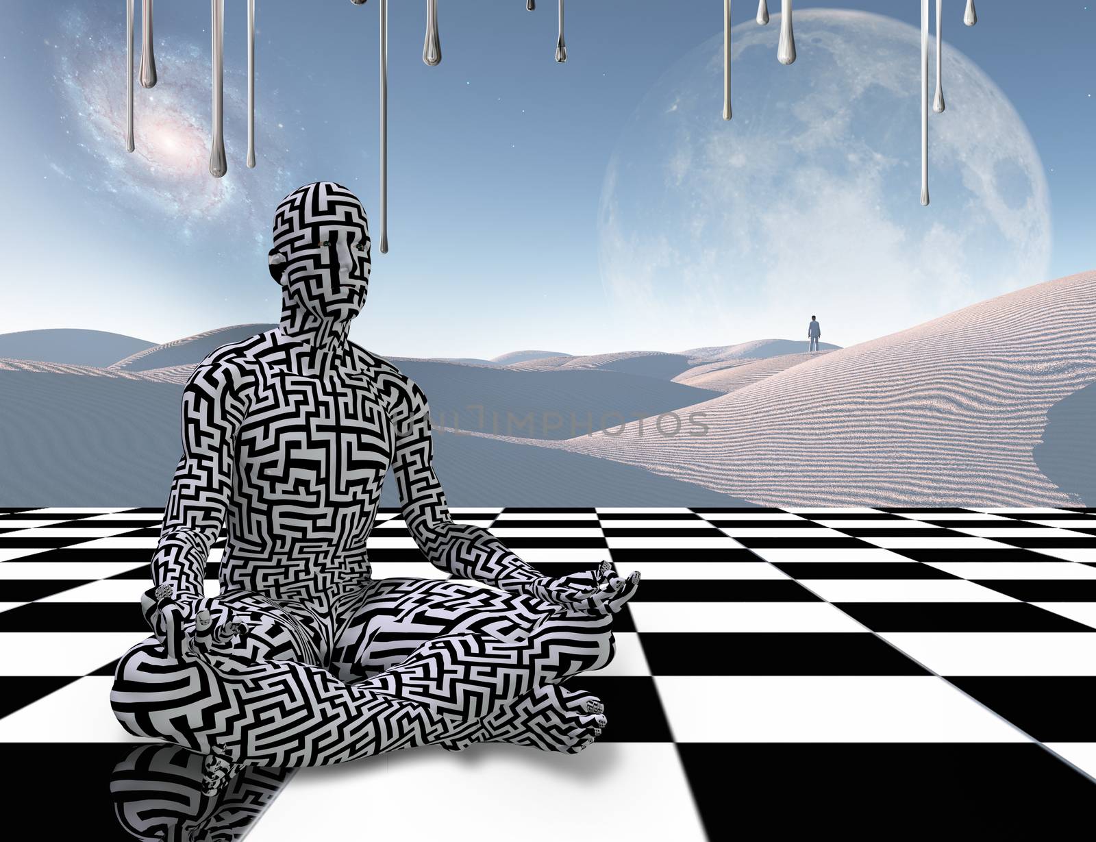 Surrealism. Man with maze pattern sits in lotus pose on a chess board. Lonely traveler in the white sands dune. 3D rendering