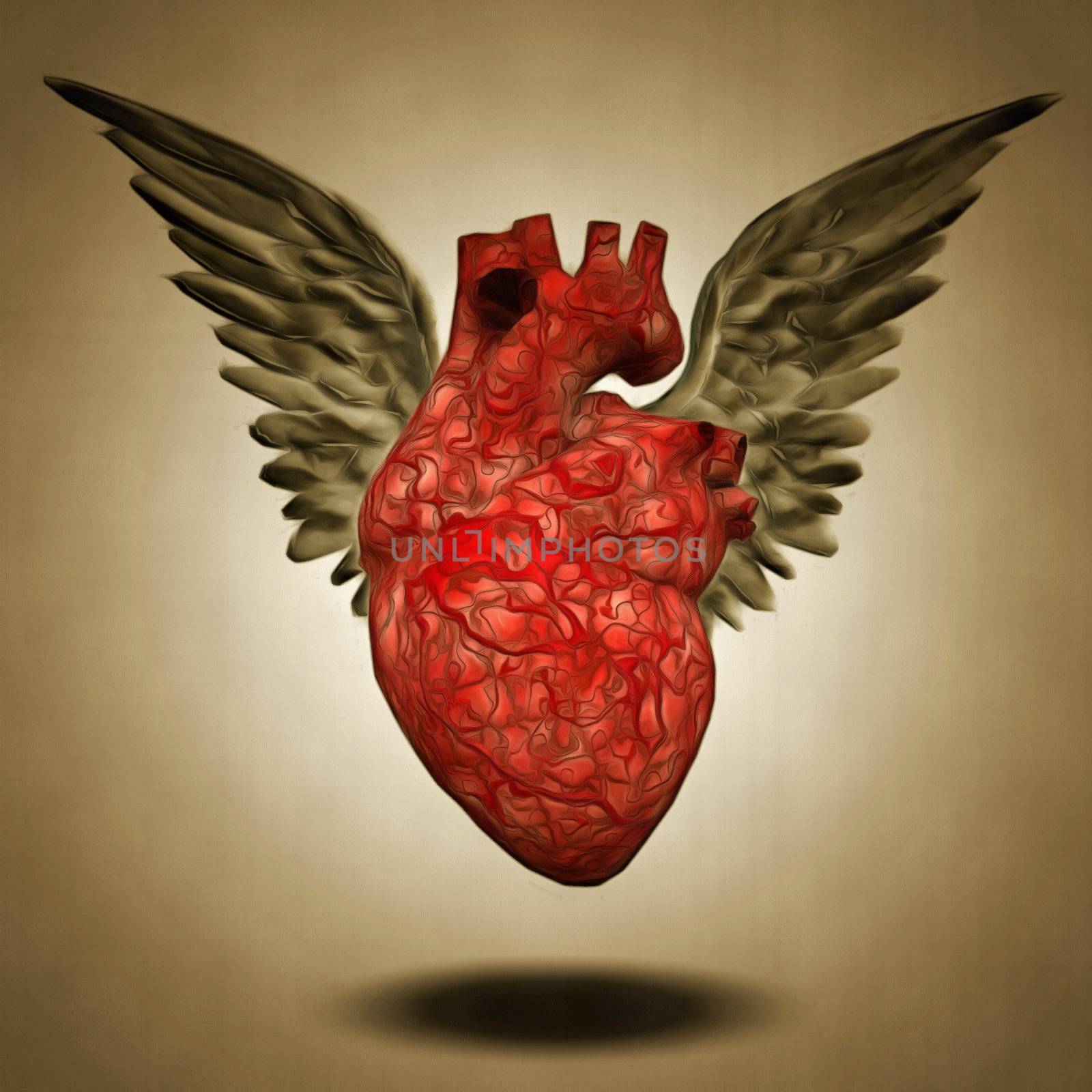 Surreal painting. Winged heart.
