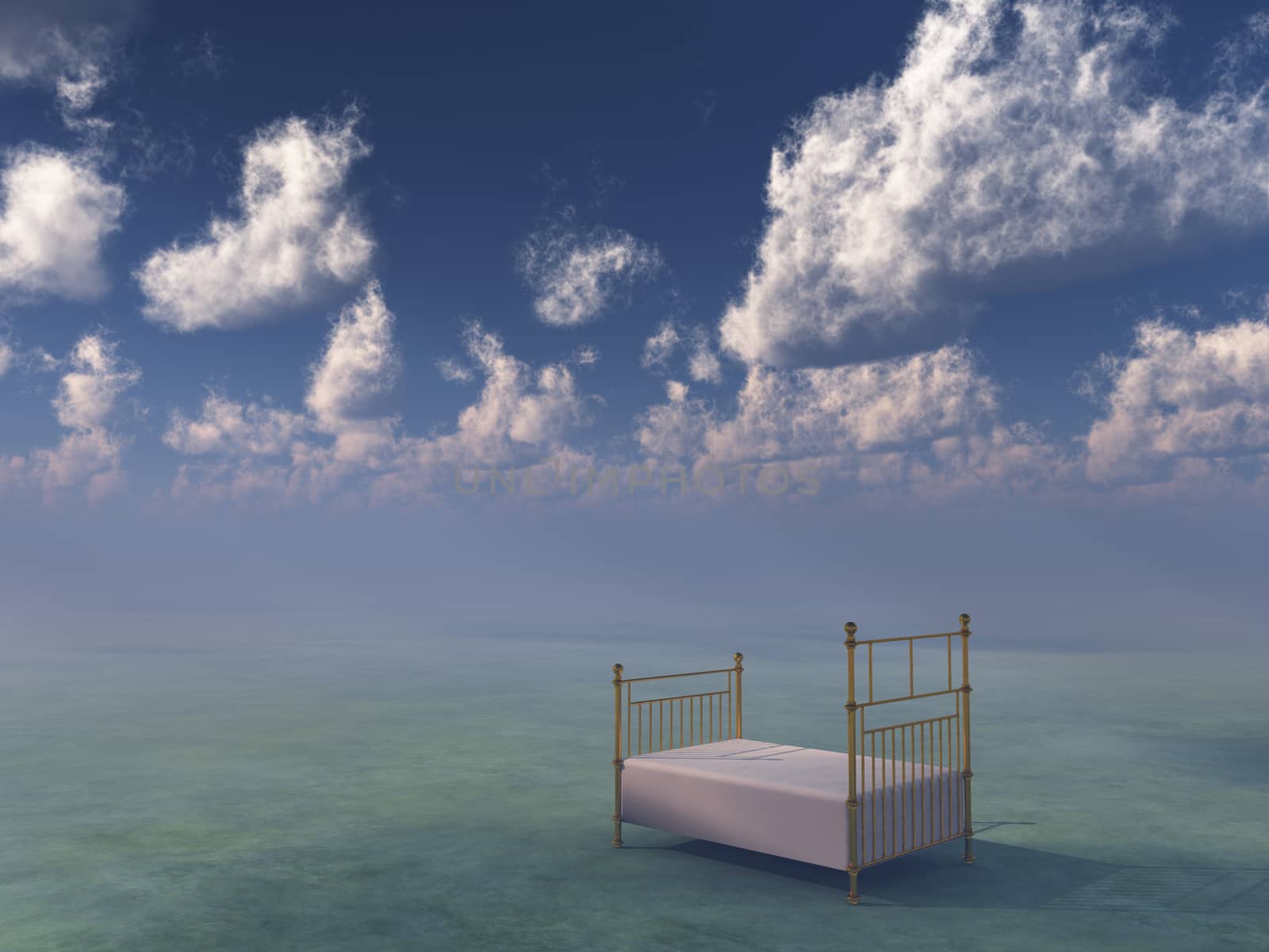 Bed in surreal space.