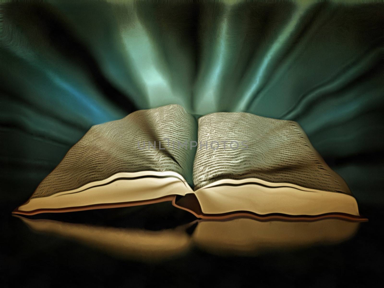 Open book with rays of light.
