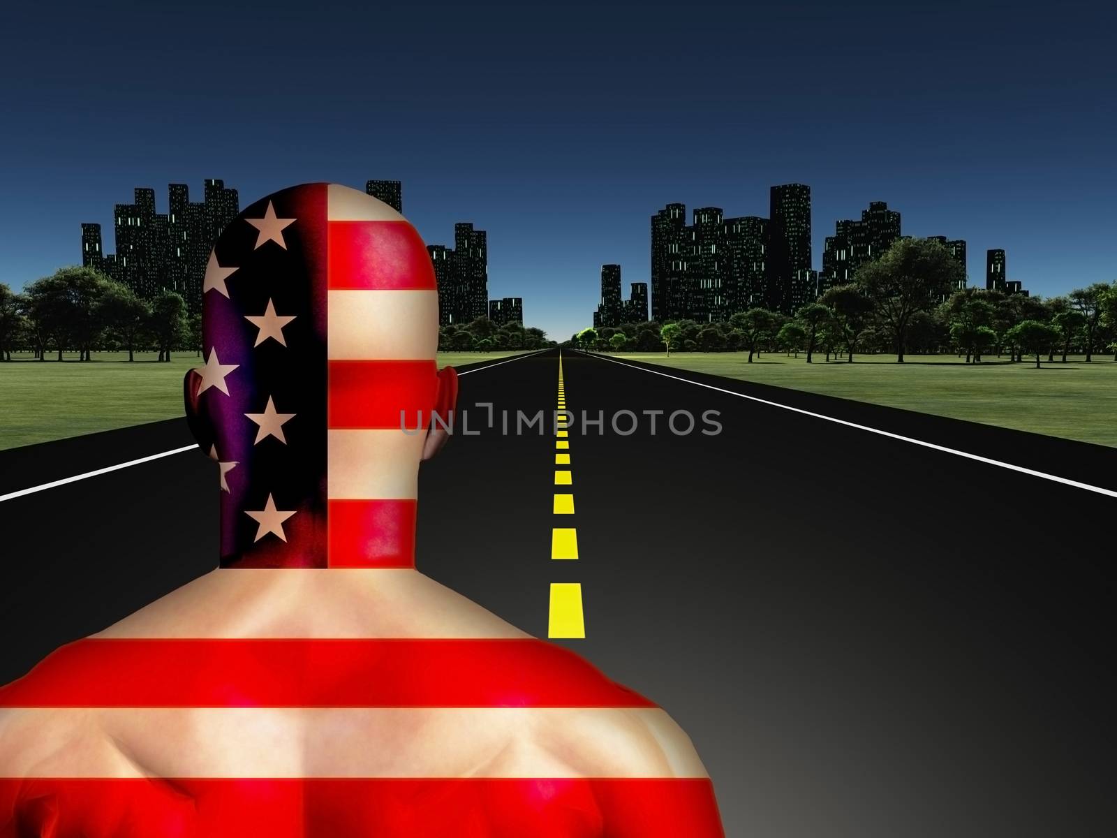 Man in US national colors on a road to the night city.